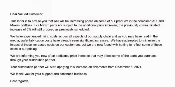 11月2日ADI發布最新動態將于12月上調部分產品報價